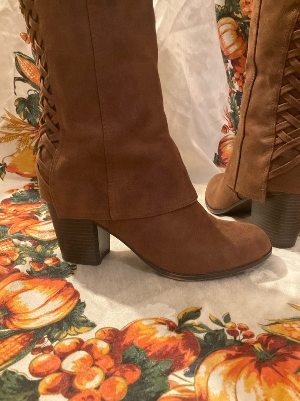 Fergalicious Brown Knee-High Braided-Back Block Heel Boots - Picture 8 of 8